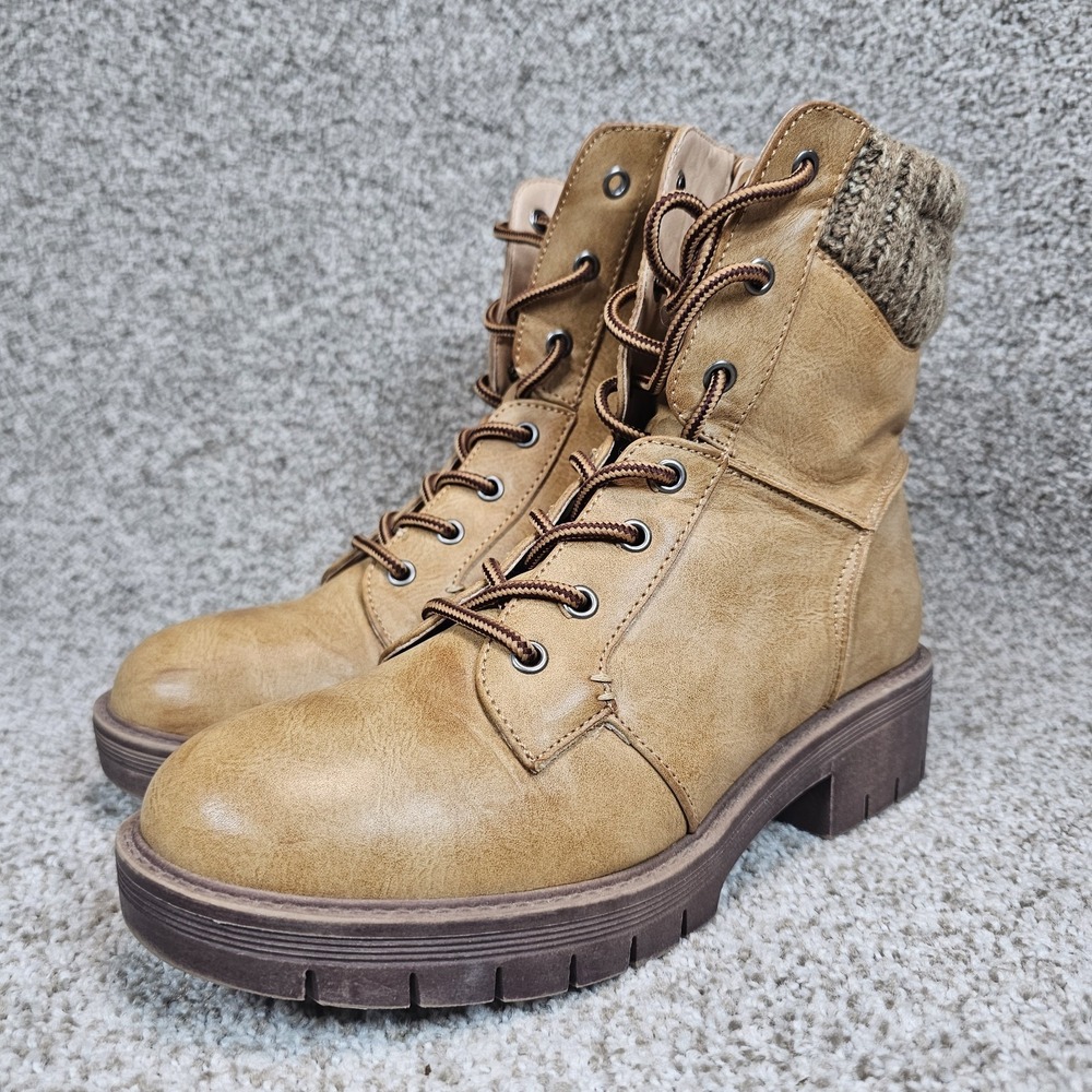 Maurices Roxy Adventure Boots Womens 7.5M Tan Lace Up Side‎ Zip Sweater Cuff Lug